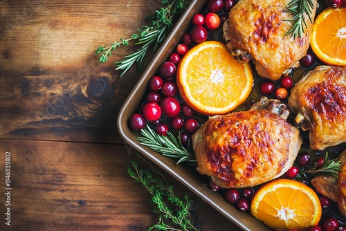 Delicious roasted chicken thighs with fresh cranberries and citrus on a wooden table photo