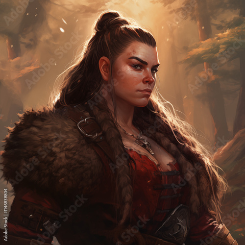 Portrait of a brown-haired female dwarf in a forest from a fantasy world. photo