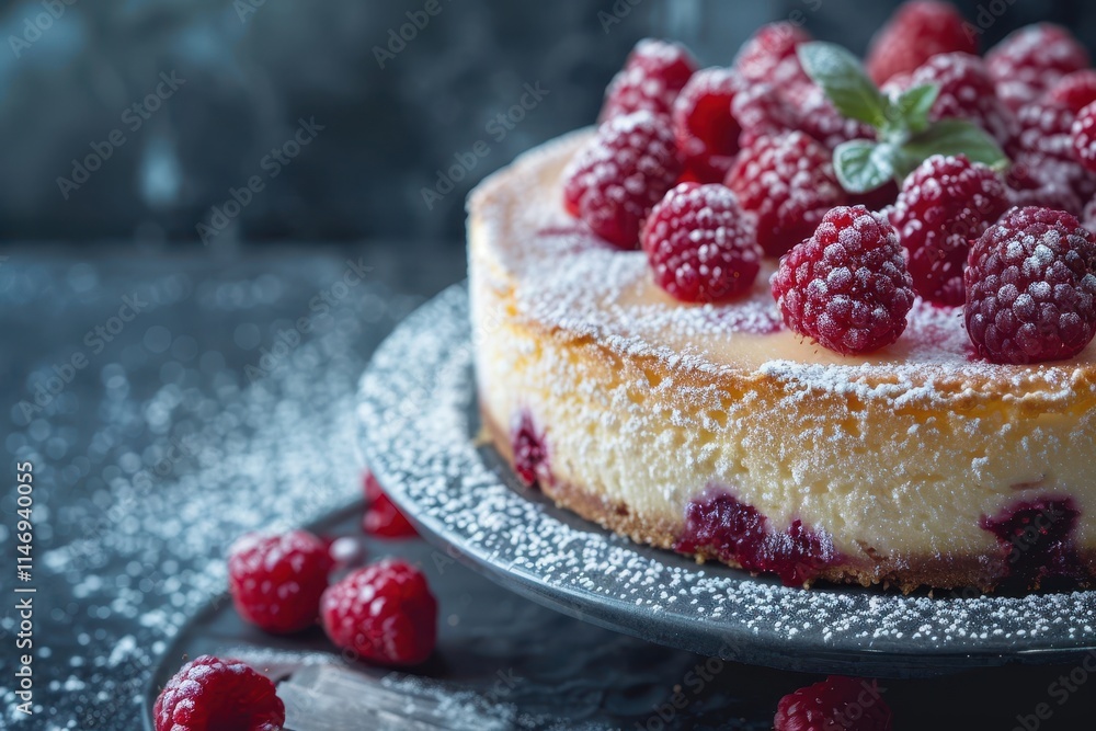 Delicious raspberry cheesecake topped with fresh berries presented on a dark plate in a cozy kitchen setting Delicious raspberry cheesecake topped with fresh berries presented on a dark plate in a cozy kitchen setting