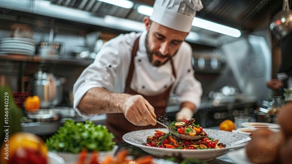 Chef Preparing Gourmet Dish in Restaurant Kitchen Chef Preparing Gourmet Dish in Restaurant Kitchen