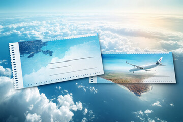 Bird's eye view of a registration form with a plane ticket, representing travel agency voucher abstraction 