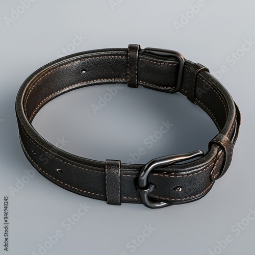 Sleek black leather dog collar featuring fine stitching and a polished black metal buckle, elegantly showcased on a gray background. AI generated. photo