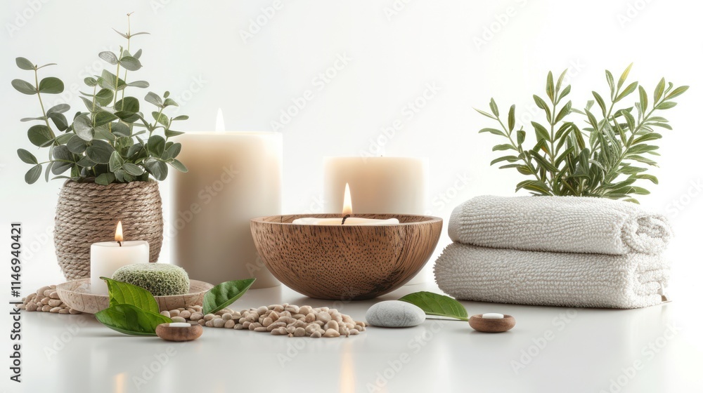 Serene Spa Setting: Candles, Plants, and Towels Serene Spa Setting: Candles, Plants, and Towels
