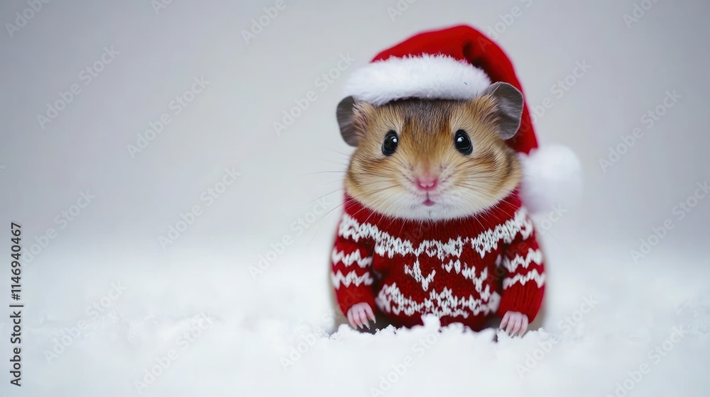 Cute hamster in Santa hat and sweater on snow. Cute hamster in Santa hat and sweater on snow.