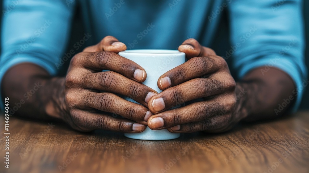 A close-up of hands nervously gripping the edge of a table, with a coffee cup trembling nearby, reflecting inner tension A close-up of hands nervously gripping the edge of a table, with a coffee cup trembling nearby, reflecting inner tension