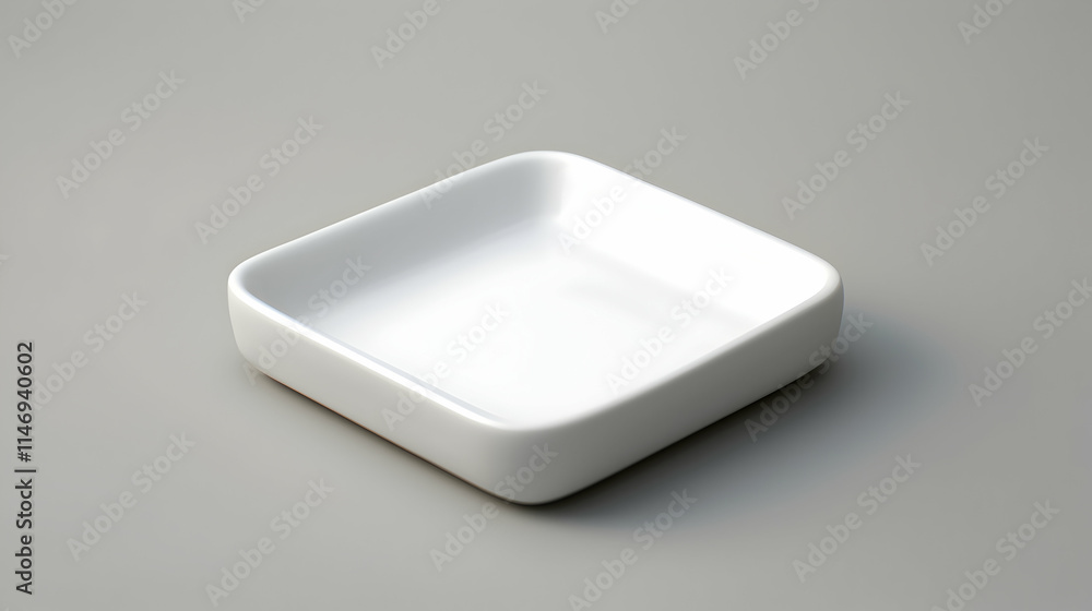 A simple, square, white ceramic dish designed for serving food or condiments. A simple, square, white ceramic dish designed for serving food or condiments.