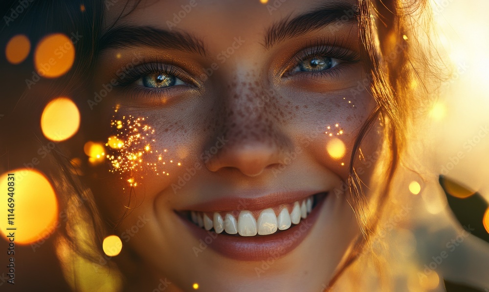 Joyful woman with sparkling eyes, a bright smile radiating pure happiness, golden light illuminating her face, soft focus on her glowing cheeks, . Joyful woman with sparkling eyes, a bright smile radiating pure happiness, golden light illuminating her face, soft focus on her glowing cheeks, .