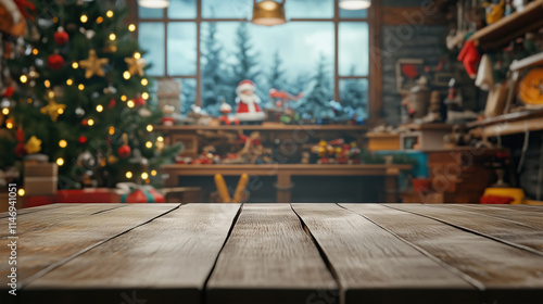 close up of empty wooden table with blurred christmas Santa Claus's workshop background	