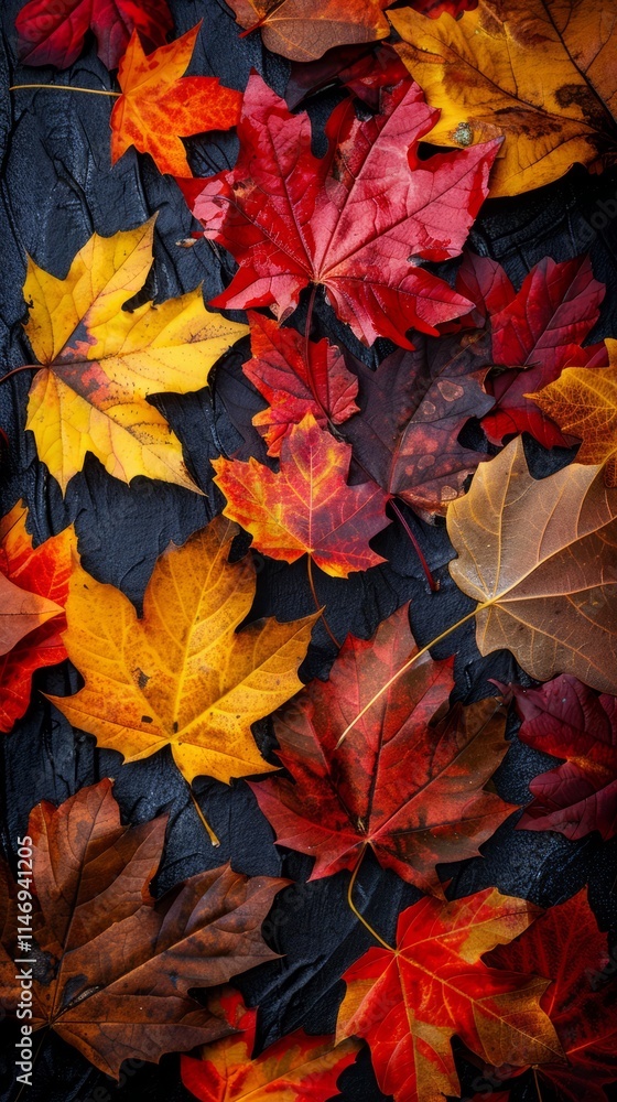 A close up of a pile of autumn leaves on a black surface. The leaves are of various sizes and colors, including red, yellow, and brown. Concept of warmth and nostalgia A close up of a pile of autumn leaves on a black surface. The leaves are of various sizes and colors, including red, yellow, and brown. Concept of warmth and nostalgia