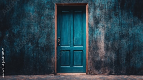 A blue door with a wooden frame. The door is open. The door is in front of a wall