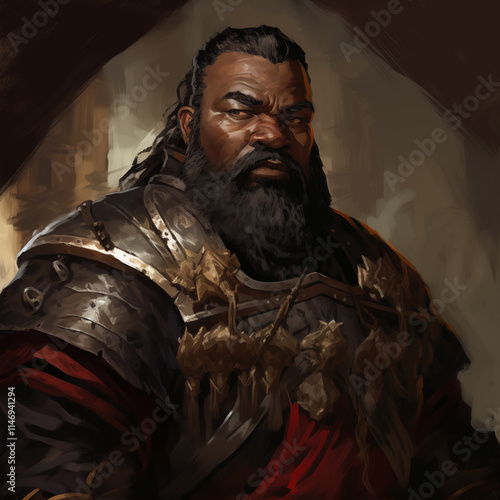 Portrait of a dark complexion male dwarf in a city from a fantasy world.
