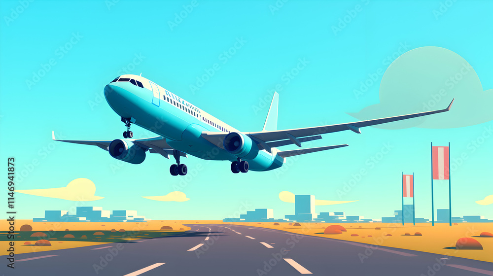 A stylized airplane landing near a cityscape under a bright blue sky. A stylized airplane landing near a cityscape under a bright blue sky.