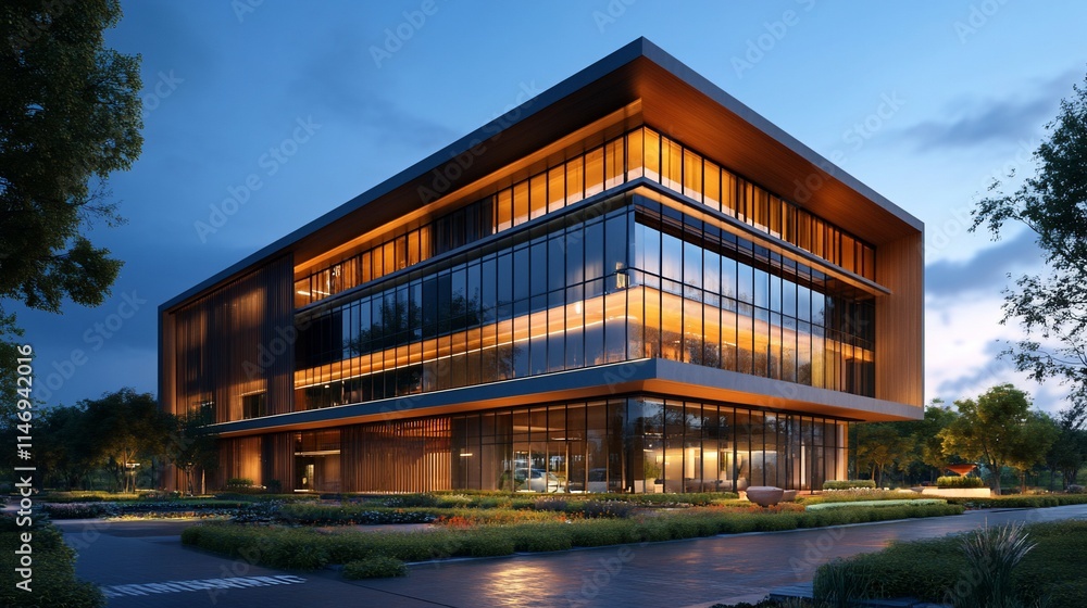 Illuminated modern office building at dusk. Illuminated modern office building at dusk.