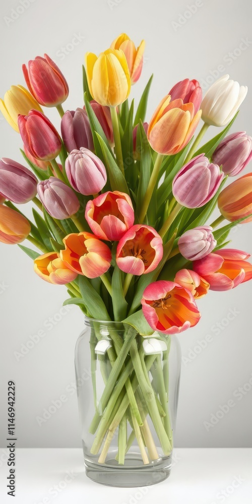 Obraz premium Vibrant tulips in a clear glass vase, colorful blooms, red, flowers, glass