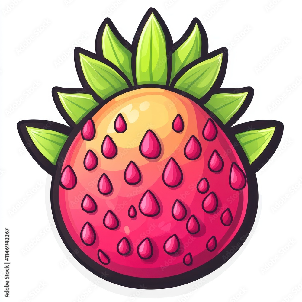 Cartoon strawberry with vibrant red and yellow gradient, detailed seeds, and green leaves. Cartoon strawberry with vibrant red and yellow gradient, detailed seeds, and green leaves.