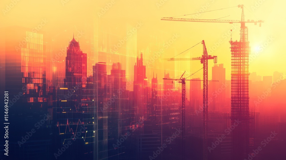Cityscape at sunset with construction cranes and superimposed financial data. Cityscape at sunset with construction cranes and superimposed financial data.