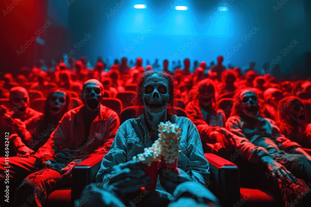Horror Movie Audience with Skeleton Face Masks Horror Movie Audience with Skeleton Face Masks