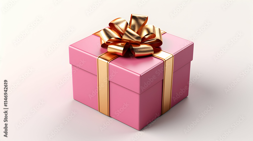 Fototapeta premium A pink gift box with a shiny gold ribbon and bow, symbolizing celebration and surprise.