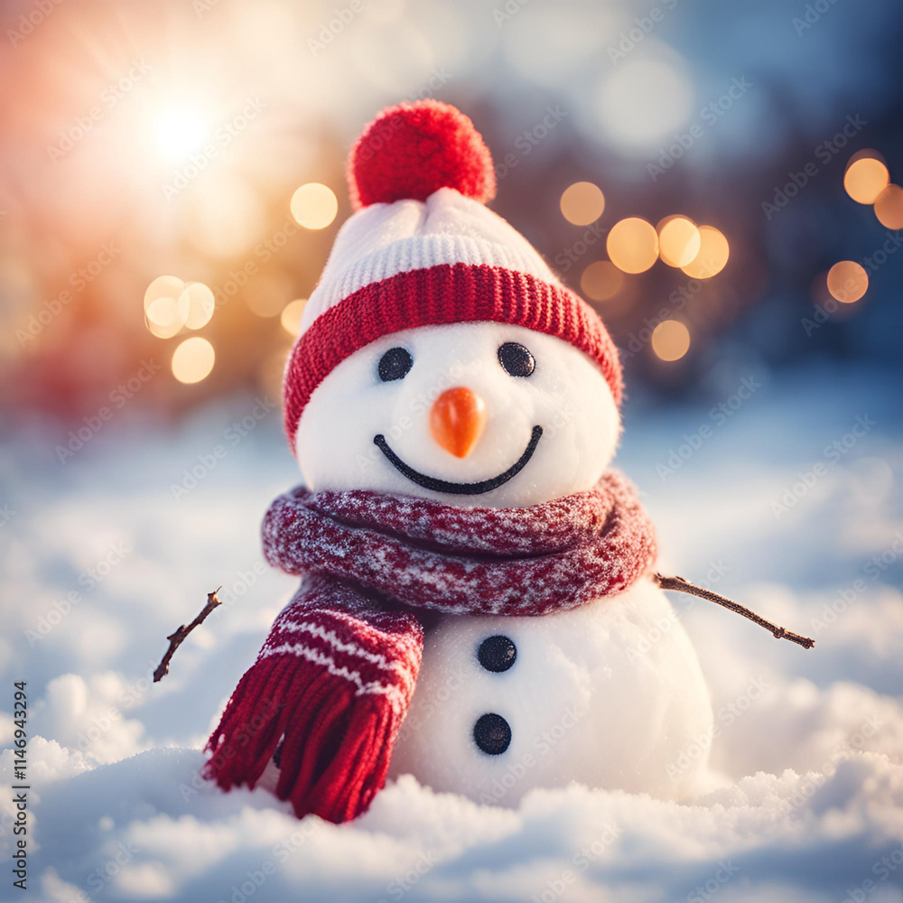 Winter holiday christmas background banner - Closeup of cute funny laughing snowman with wool hat and scarf, on snowy snow snowscape with bokeh lights, illuminated by the sun Winter holiday christmas background banner - Closeup of cute funny laughing snowman with wool hat and scarf, on snowy snow snowscape with bokeh lights, illuminated by the sun
