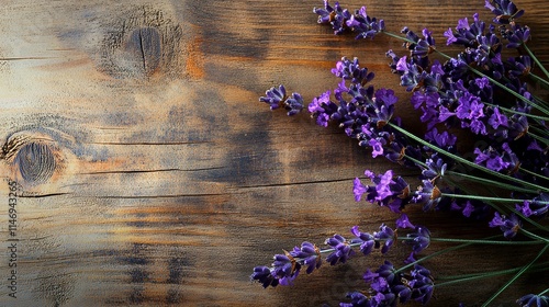 Royal purple lavender on a distressed wooden tabletop, close-up shot, Minimalist style