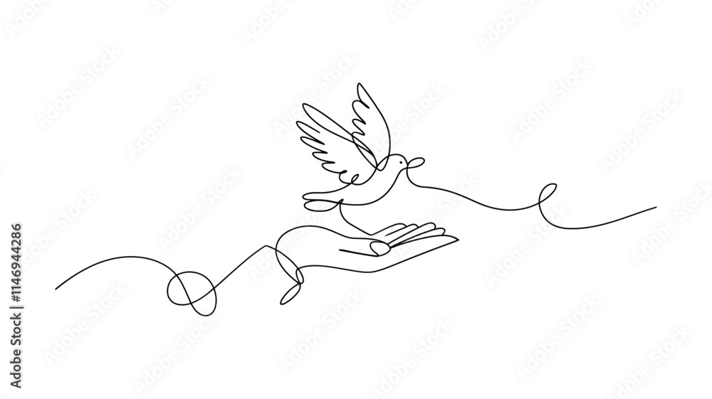 Fototapeta premium One-Line Art of Dove in Flight from Open Hand | Symbolic Vector of Peace and Freedom