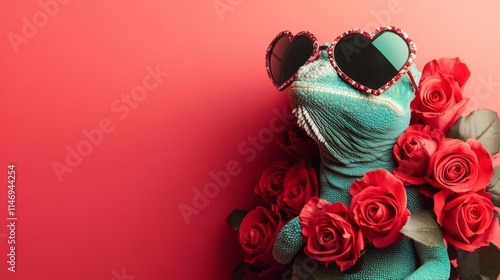 Quirky chameleon wearing heart-shaped sunglasses surrounded by roses on a vibrant red background