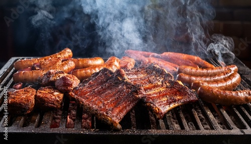 Generated image Close-up of ribs and sausages on an asado, with a smoky atmosphere 