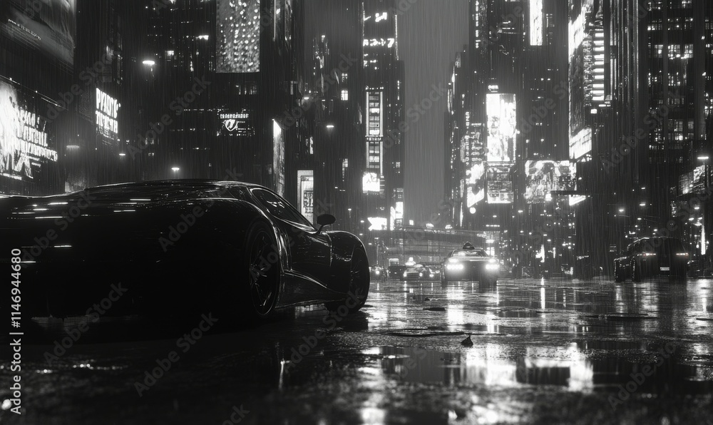 Naklejka premium Rain-soaked city pavement with glistening reflections of distant lights in grayscale. .