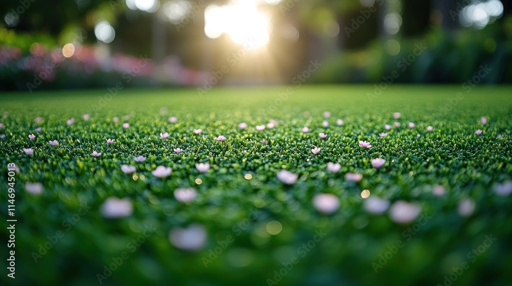Naklejka premium Pink petals scattered on green artificial grass at sunset.