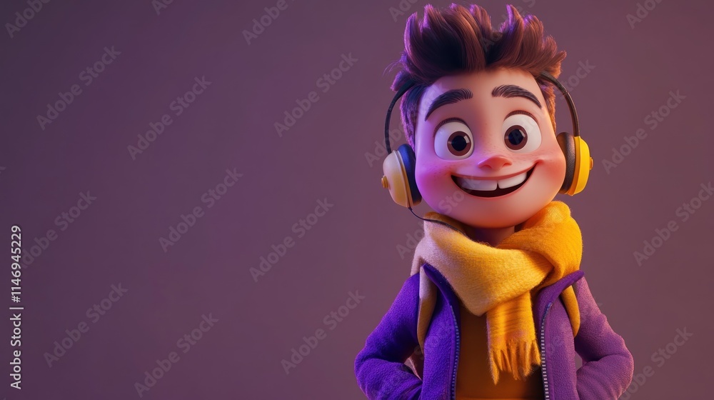 Fototapeta premium happy 3D cartoon boy with headphones around his neck.