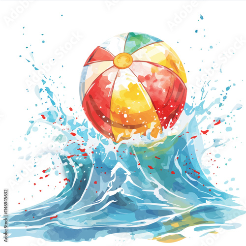 A watercolor vector of a colorful beach ball bouncing in the waves, isolated on a white background. Beach ball in the waves vector.
