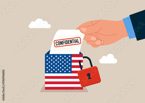 Confidential document. Locked with padlock box United States of America. Modern flat vector illustration 