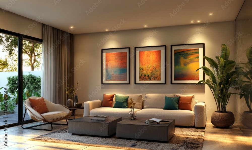 Modern living room interior and three picture frames hanged vertically on a wall one above each other. Modern living room interior and three picture frames hanged vertically on a wall one above each other.