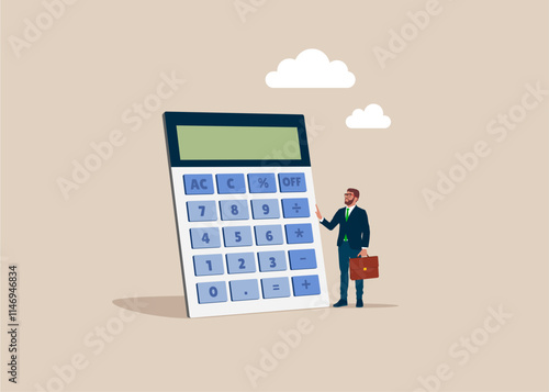 Controlled thoughts in business. Businessman keeps a calculator. Loan calculation, budget allocation, expense and debt pay off or payment. Flat vector illustration