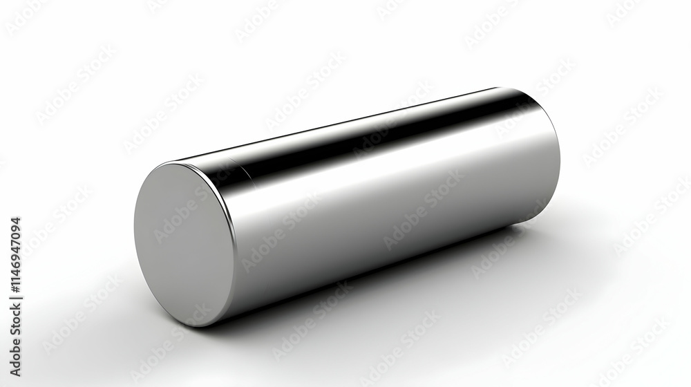 A shiny metallic cylinder resting on a white surface, showcasing a sleek design. A shiny metallic cylinder resting on a white surface, showcasing a sleek design.