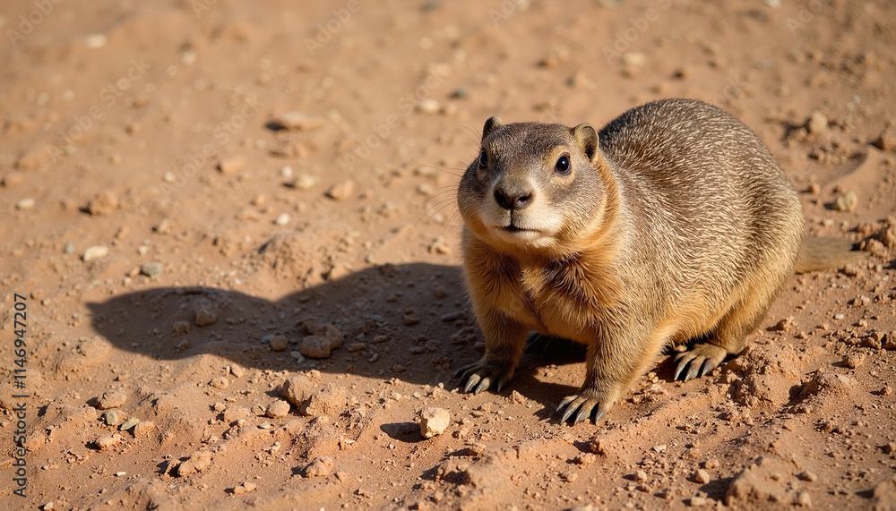 Groundhog standing on sandy terrain in sunlight Groundhog standing on sandy terrain in sunlight