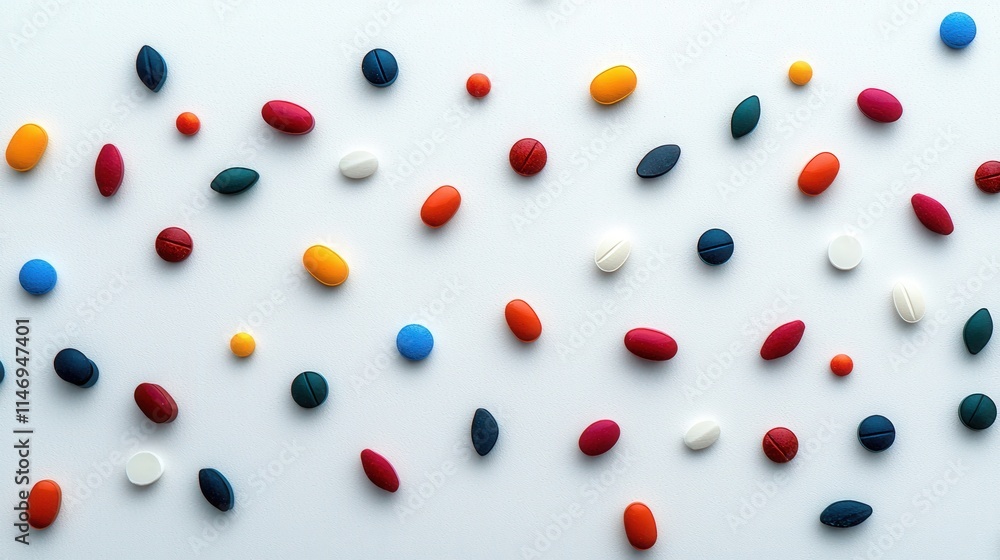 A close-up view of various shaped multicolored pills spread randomly on a clean white table, vibrant colors contrasting against the plain background A close-up view of various shaped multicolored pills spread randomly on a clean white table, vibrant colors contrasting against the plain background