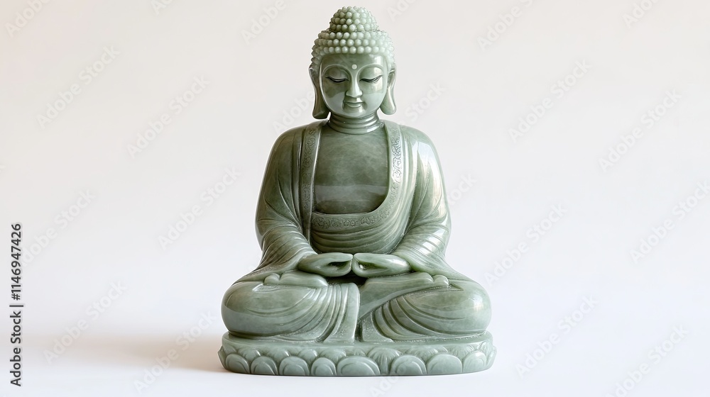 Green jade Buddha statue sitting in a meditative pose, highlighted by expert carving on a plain white background. Green jade Buddha statue sitting in a meditative pose, highlighted by expert carving on a plain white background.