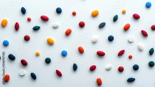 A close-up view of various shaped multicolored pills spread randomly on a clean white table, vibrant colors contrasting against the plain background