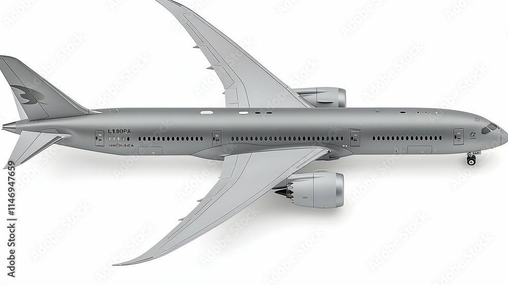 A detailed model of a modern passenger airplane in a sleek silver design. A detailed model of a modern passenger airplane in a sleek silver design.