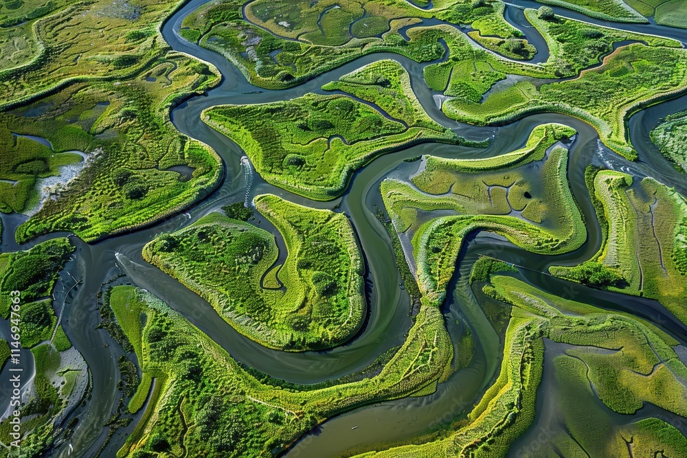 Exploring the unique landscape of winding rivers and marshes near a coastal village during sunset