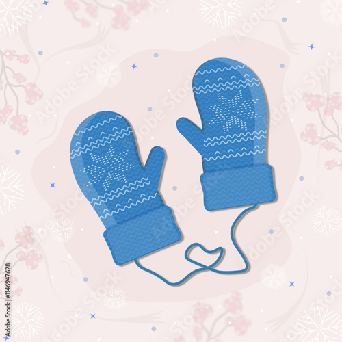 Pair of knitted blue winter mittens with  white snowflake.Winter  blue gloves on light seasonal background with branch of seasonal berries,snowflake.Vector design.