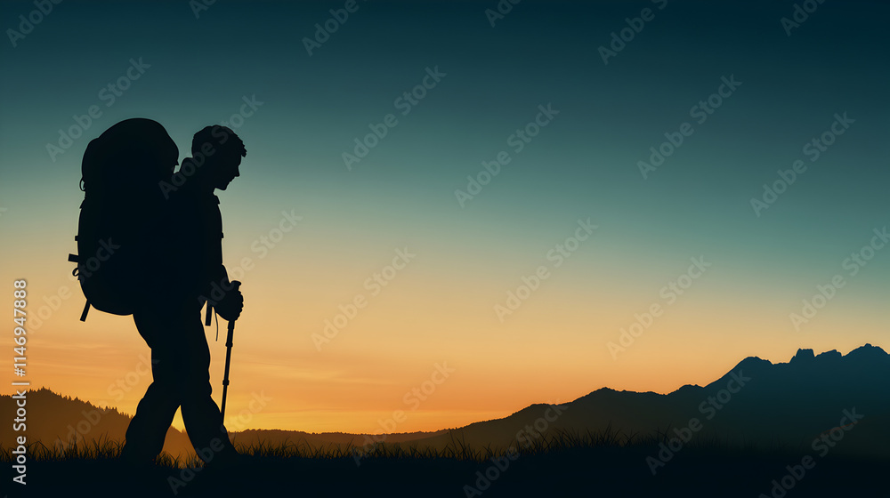 A silhouette of a person with a backpack, symbolizing hiking and outdoor adventures. Backpack and hiking minimalist. A silhouette of a person with a backpack, symbolizing hiking and outdoor adventures. Backpack and hiking minimalist.