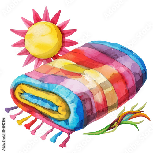 A watercolor vector of a colorful beach towel rolled up under the sun, isolated on a white background. Beach towel rolled up vector.
