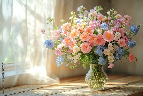 A delicate bouquet of pastel flowers bathes in sunlight by the window