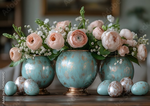 Abstract Easter centerpiece with metallic accents.