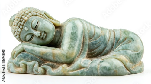 Intricately carved 3D jade Buddha statue, symbolic of peace and spirituality, isolated on a white background.