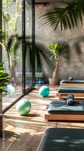 A yoga studio with a green ball and a potted plant. The room is filled with yoga mats and chairs