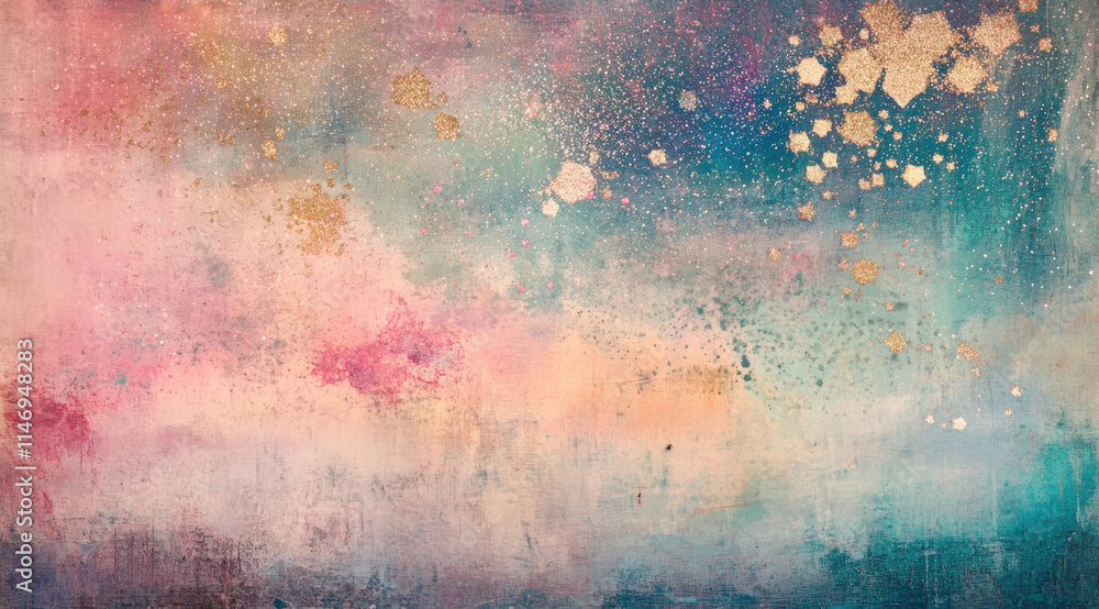 Fototapeta premium Vibrant abstract artwork features soft pastel colors blending seamlessly with golden splashes, evoking a calming and imaginative feeling in any space.