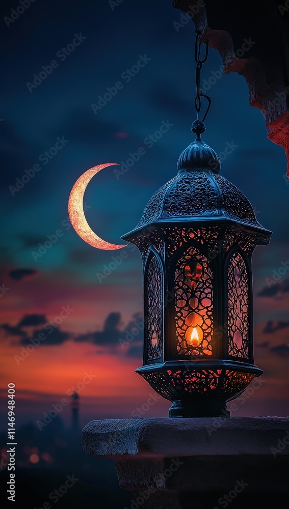 Ramadan Nights Lantern and Crescent Moon: A Serene Sunset View Ramadan Nights Lantern and Crescent Moon: A Serene Sunset View